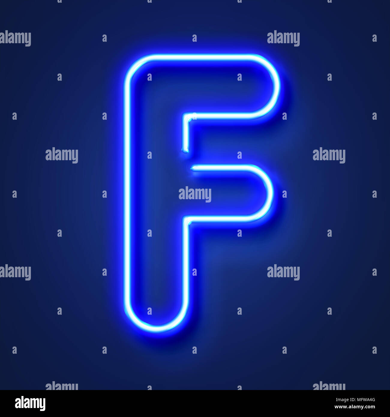Letter F realistic glowing blue neon letter against a blue background Stock Photo