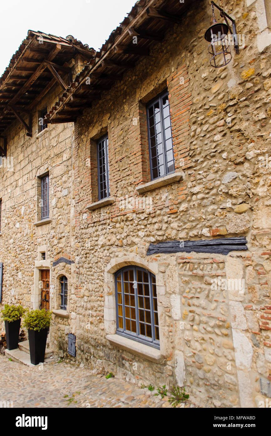 Close view of the authentic stone house of Perouges, France, a medieval ...