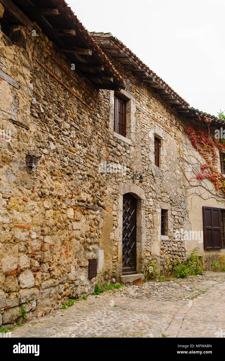 Close view of the authentic stone house of Perouges, France, a medieval ...