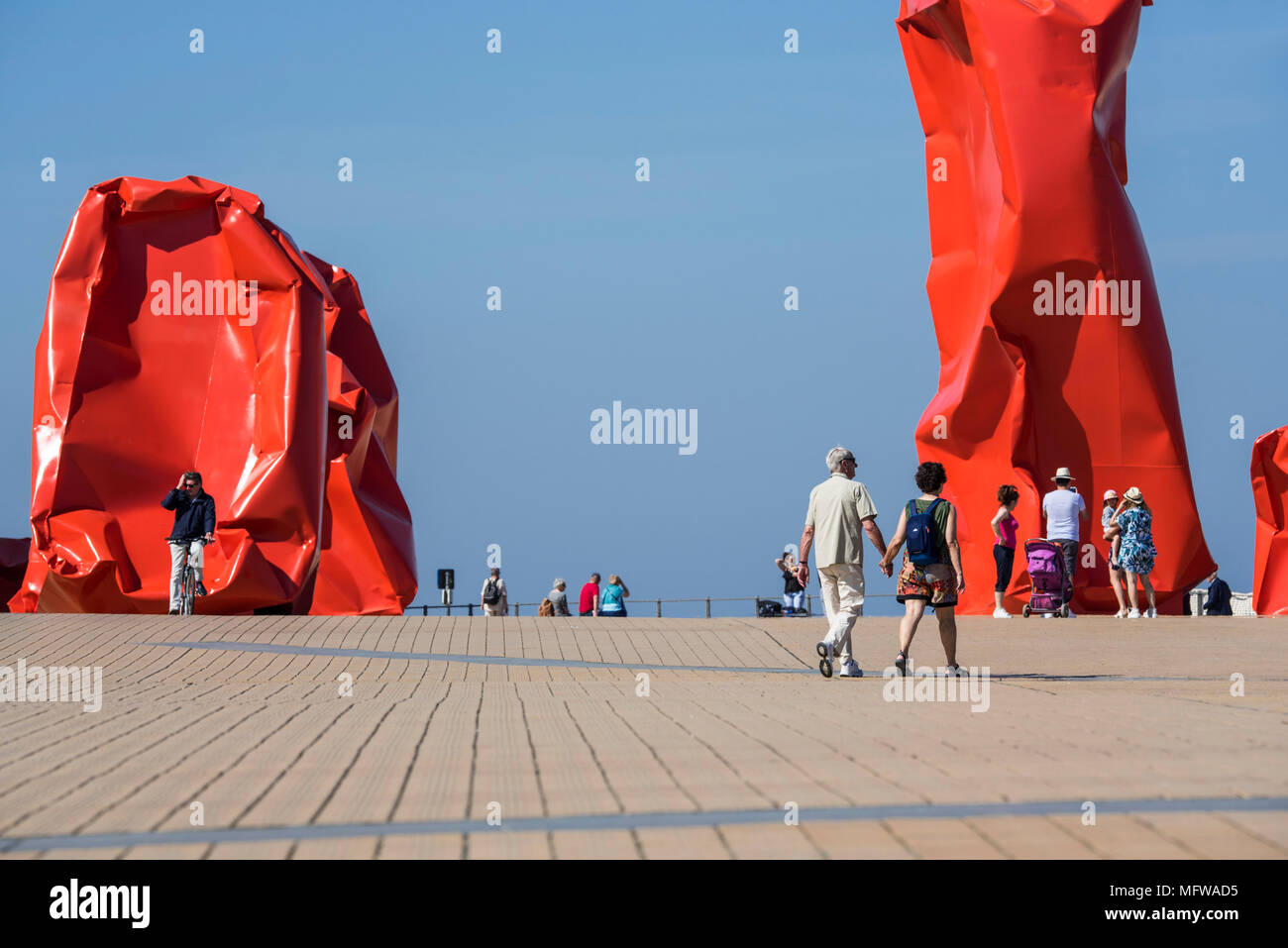 Conceptual work of art Rock Strangers by artist Arne Quinze at seaside resort Ostend / Oostende, West Flanders, Belgium Stock Photo