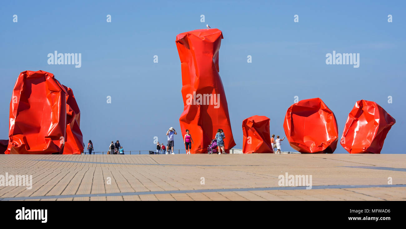 Conceptual work of art Rock Strangers by artist Arne Quinze at seaside resort Ostend / Oostende, West Flanders, Belgium Stock Photo