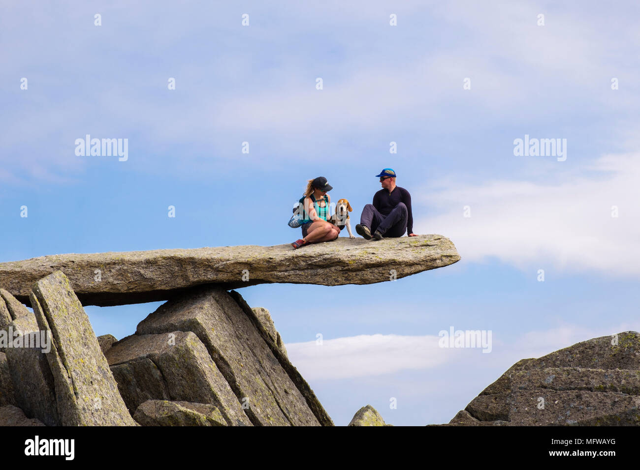 Hikers with a dog sat on the cantilever rock slab on Glyder Fach mountain in Snowdonia National Park. Wales, UK, Britain Stock Photo