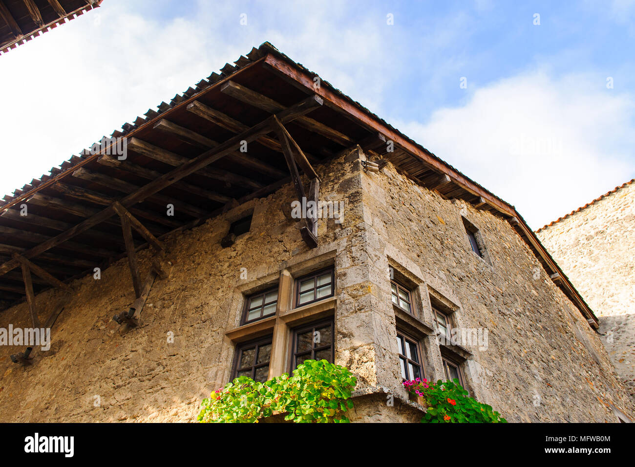 Medieval architecture of Perouges, France, a walled town, a popular ...