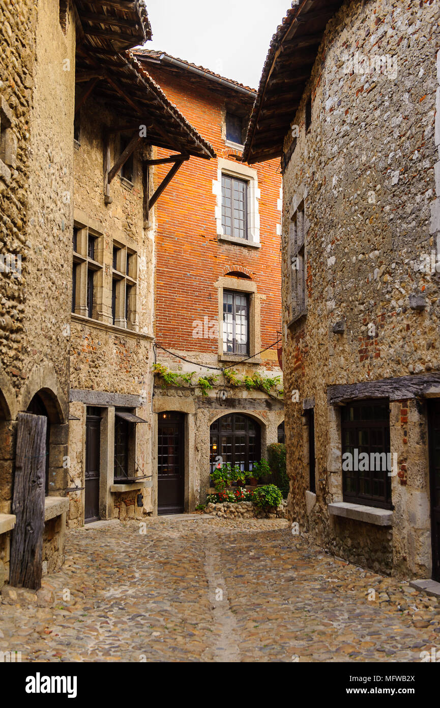 Medieval architecture of Perouges, France, a walled town, a popular ...