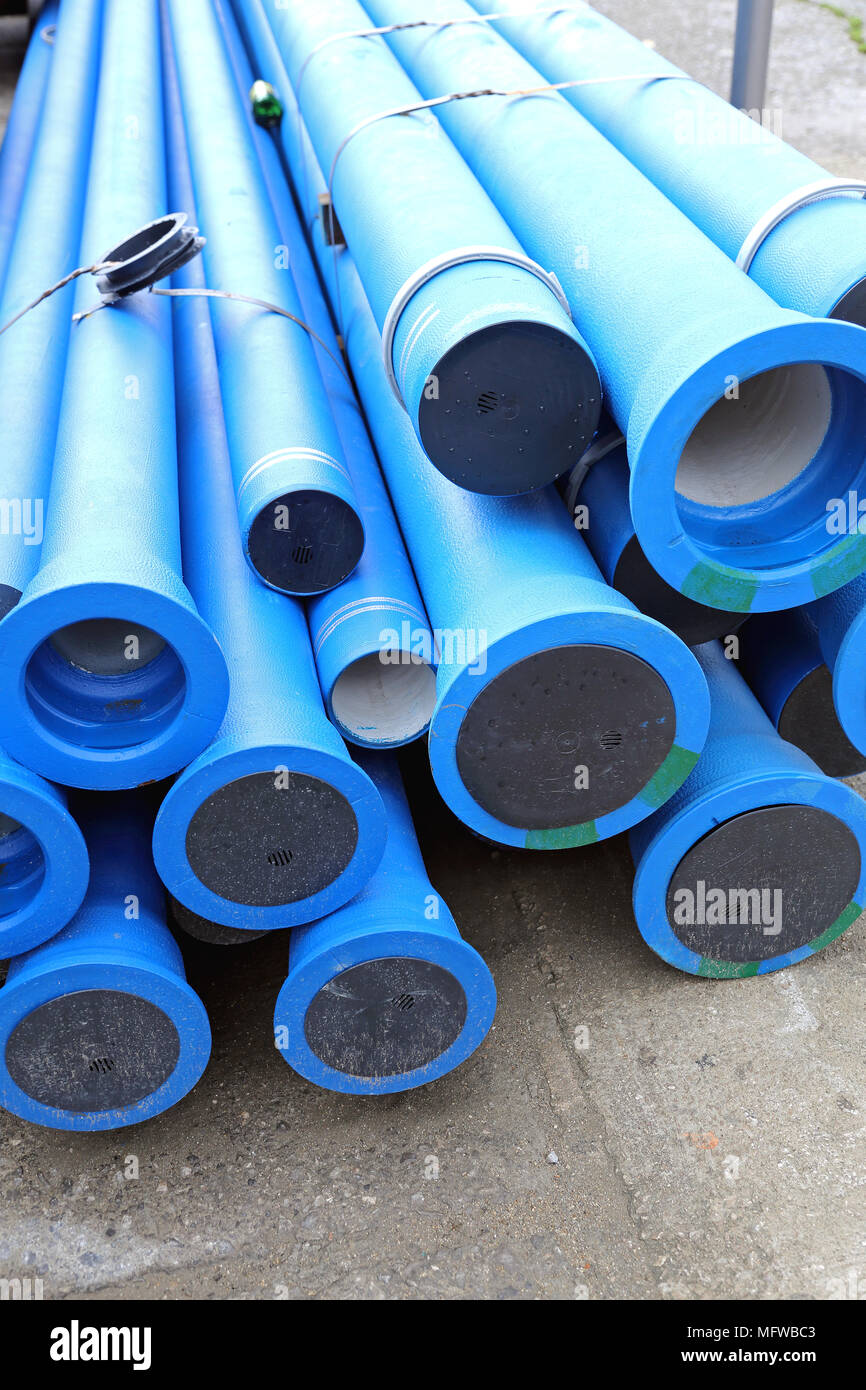Blue Pipes For New Municipal Water System Stock Photo Alamy