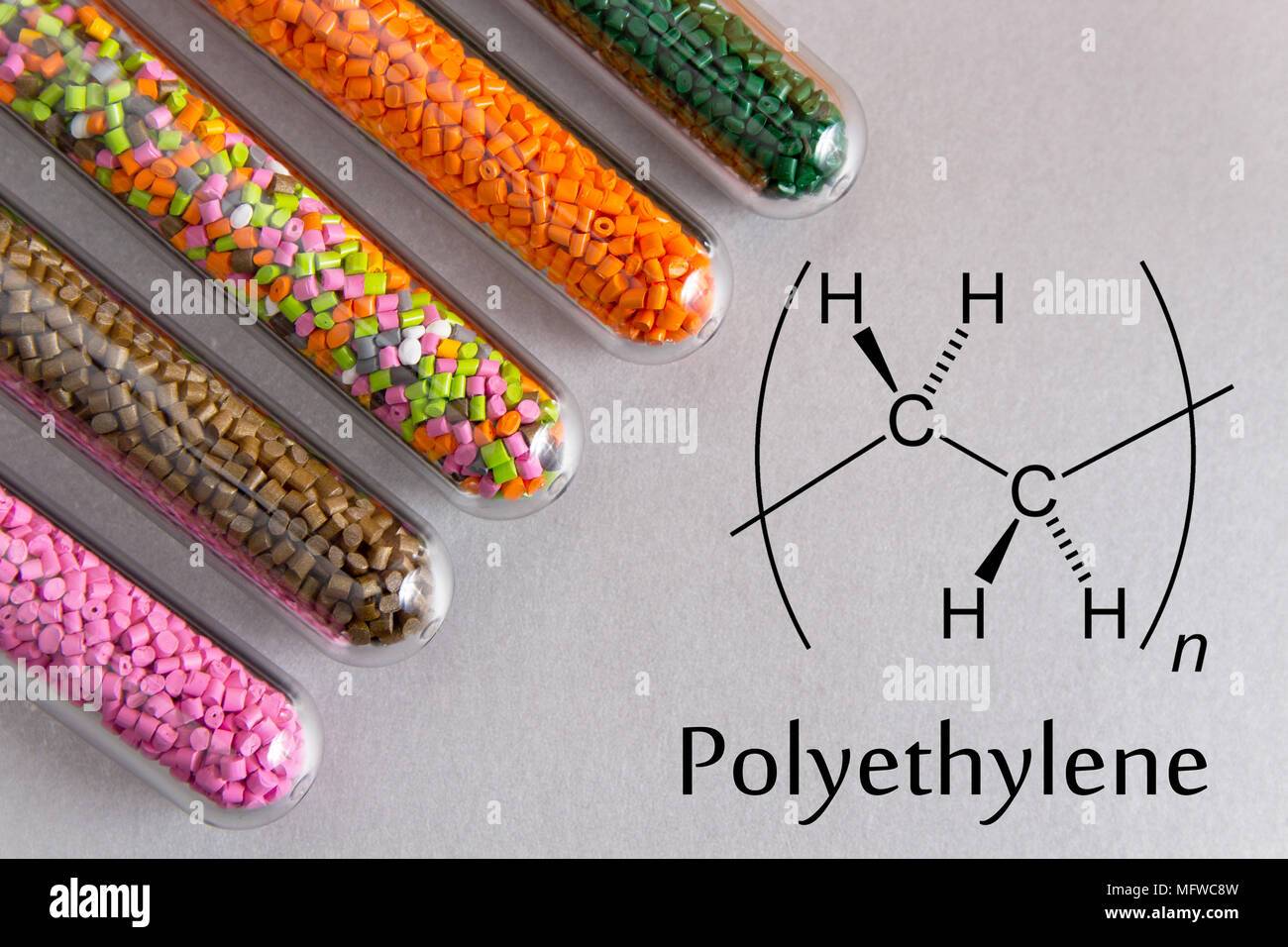 Granules of the POLYETHYLENE, chemical formula. Plastic pellets and scheme of the chemical structure .Colored Plastic Granules. Stock Photo