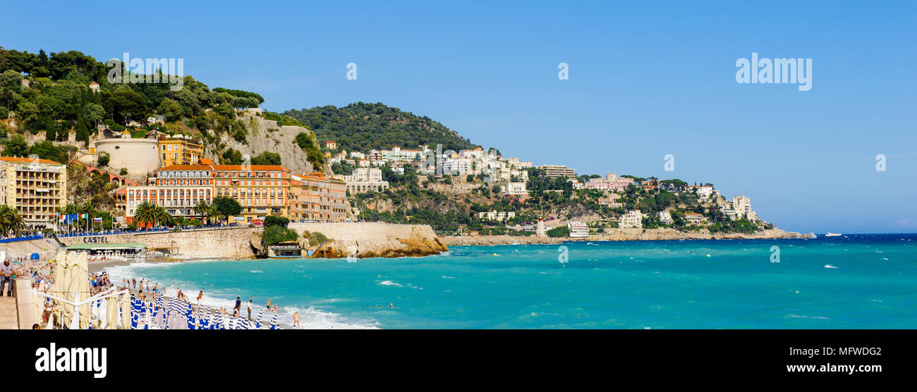 Beach of the Mediterranean sea, Cote d Azur, Nice, France. Nice is the capital of the Alpes Maritimes departement Stock Photo
