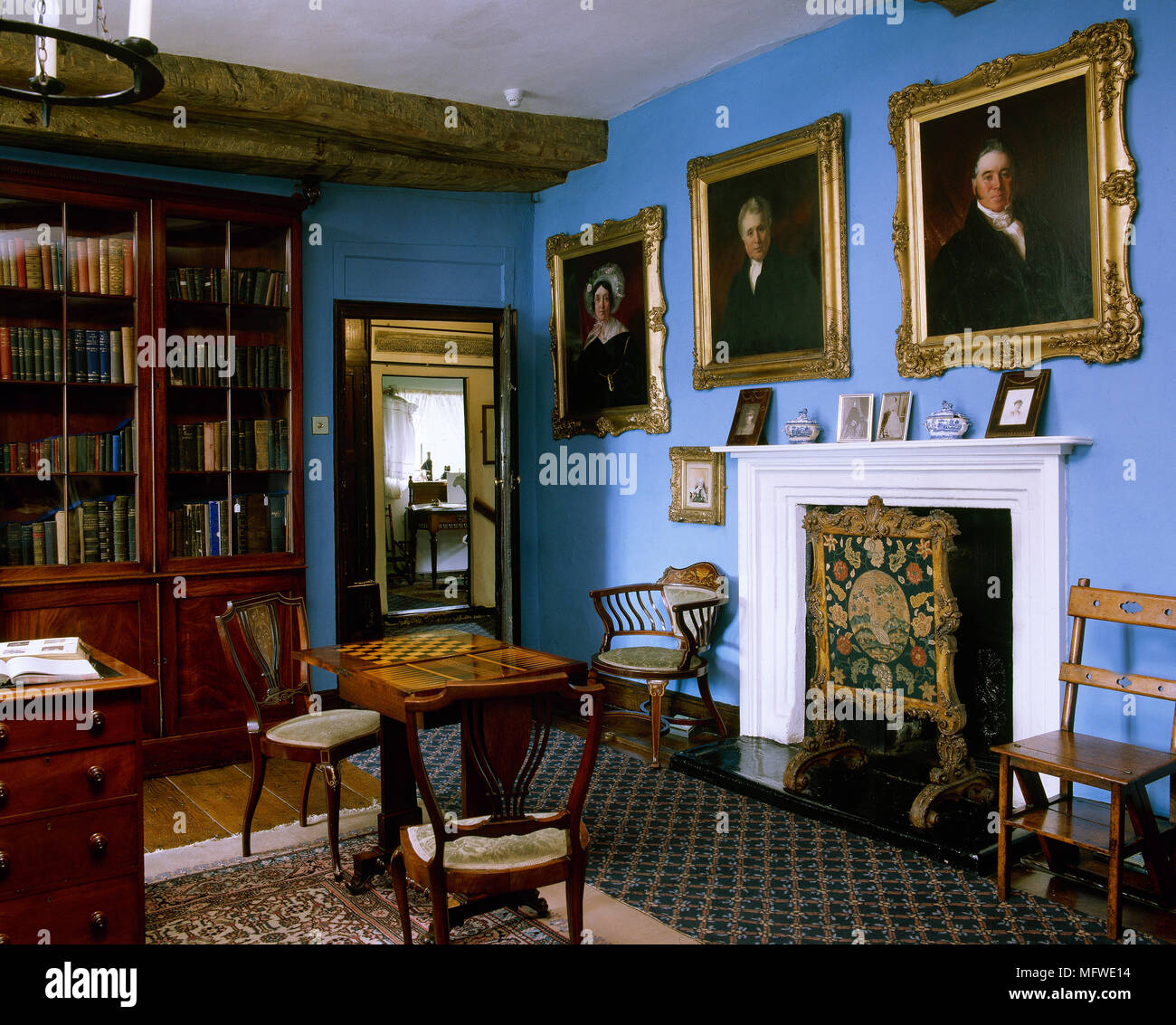 Country Style Blue Room With Fireplace And Book Cases Wooden