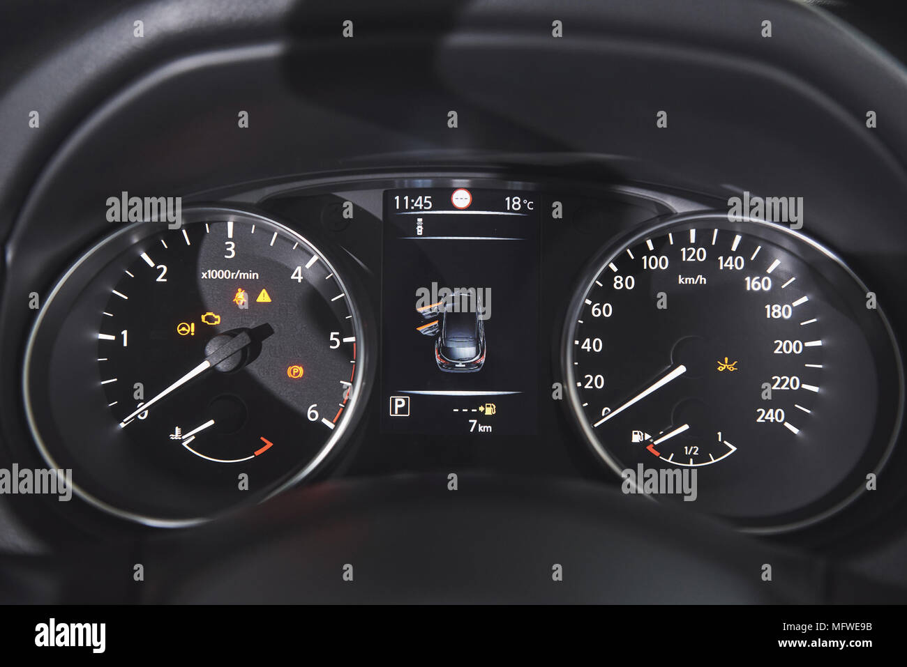 Luxury car Interior steering wheel, shift lever, dashboard and