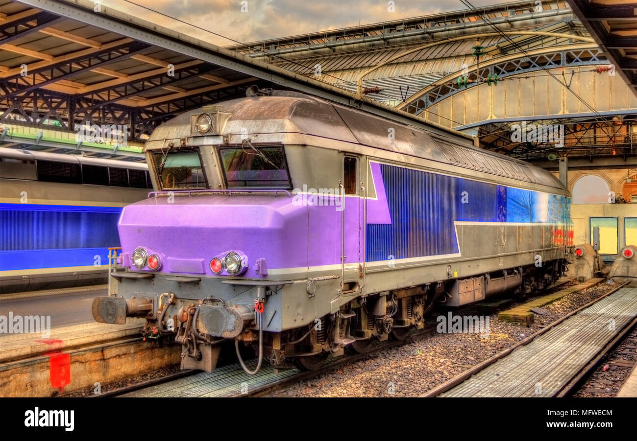 Old French diesel locomotive at Paris-Est station Stock Photo