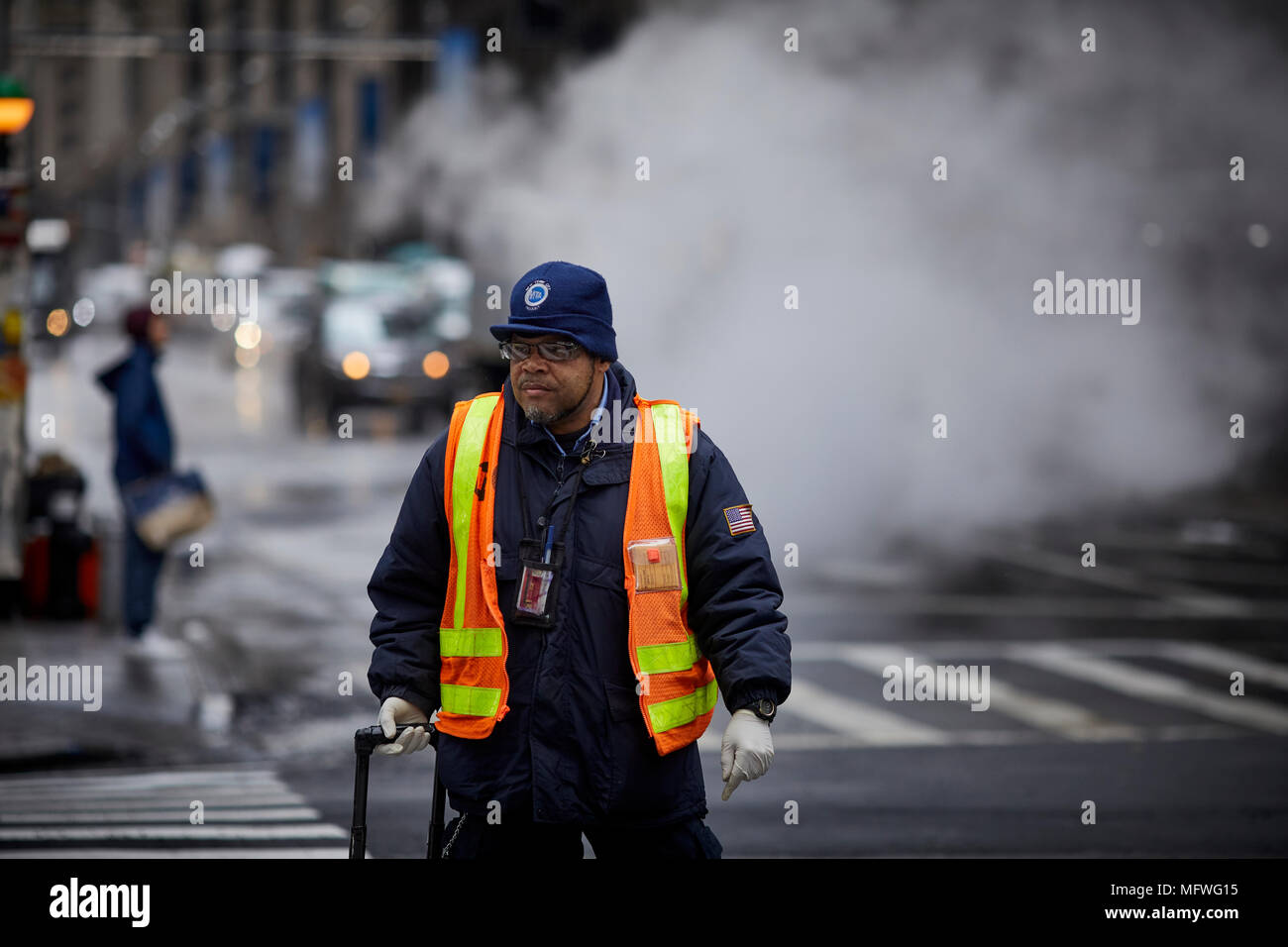 Manhattan in New York City MTA worker at Times Square Stock Photo