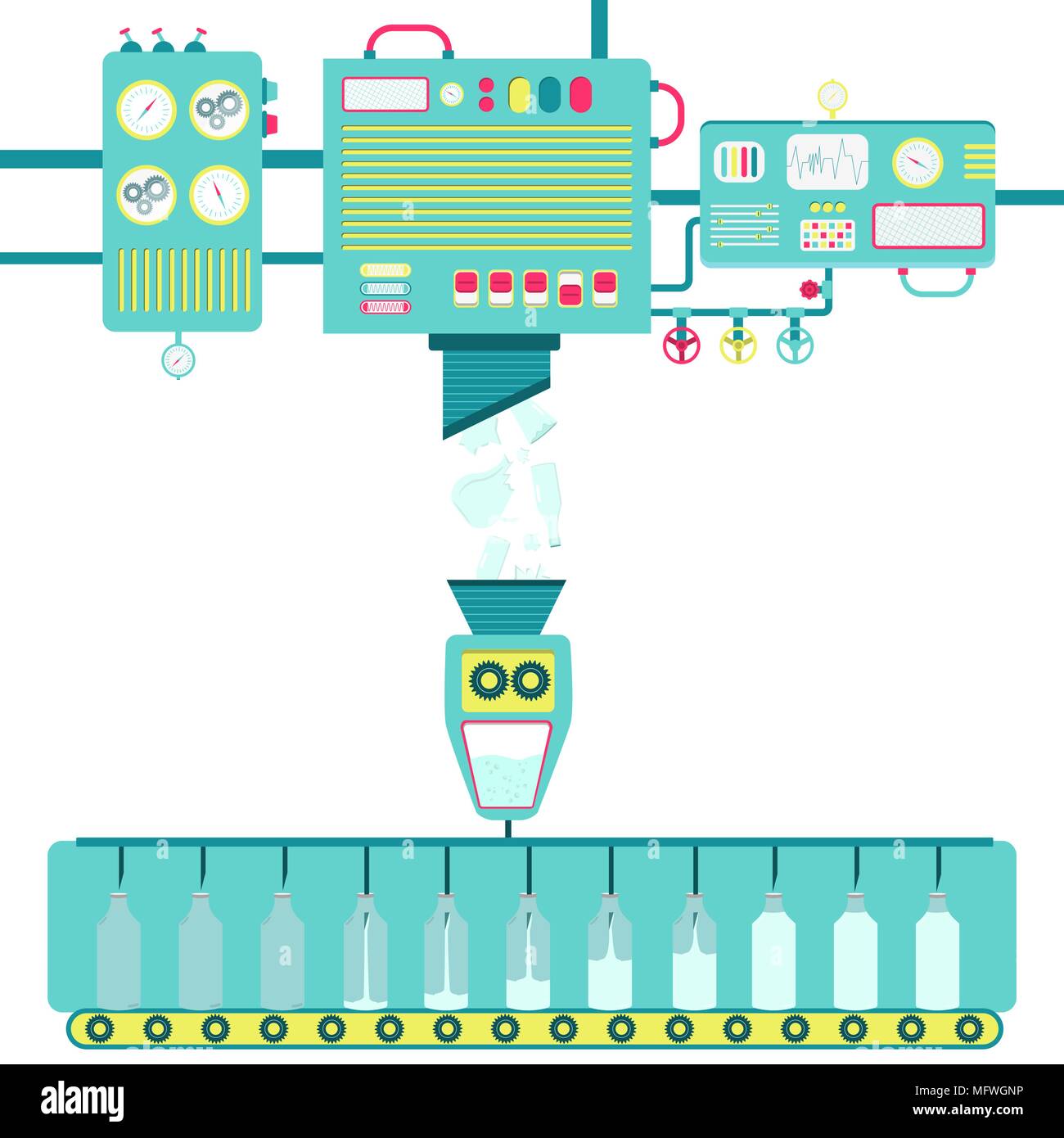 Machinery processing broken glass and turning into bottled liquid. Stock Vector