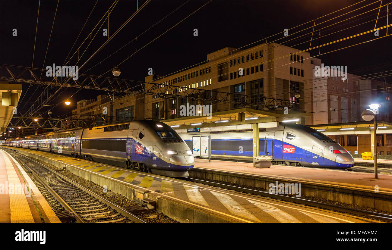 LYON, FRANCE - JANUARY 07: SNCF TGV Duplex trains on January 7,  Stock Photo