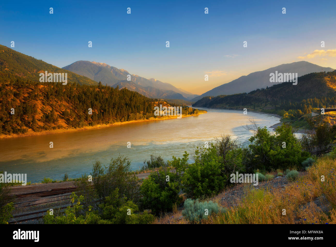 Sunset above Fraser River in Lytton, Canada Stock Photo