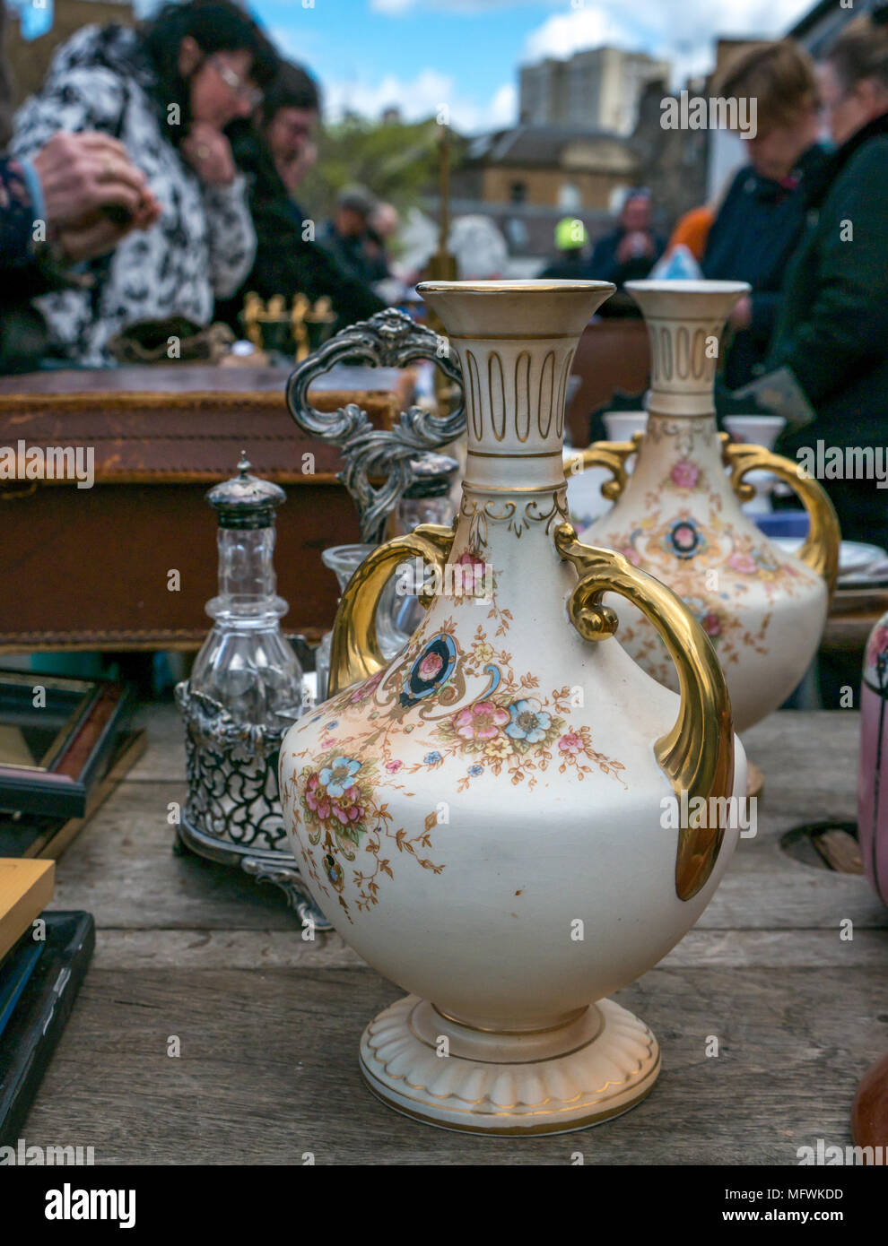 Close up of china vases in lane sale auction, Leith, Edinburgh, Scotland, UK Stock Photo