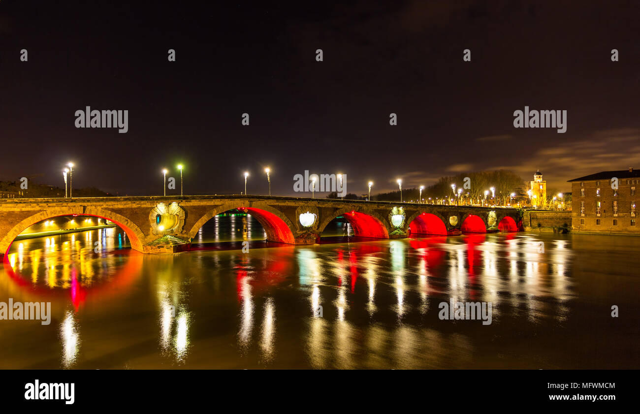 Night view of Pont Neuf in Toulouse - France Stock Photo