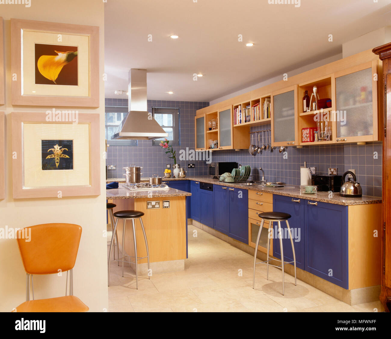 Contemporary spacious open plan kitchen with blue units and central