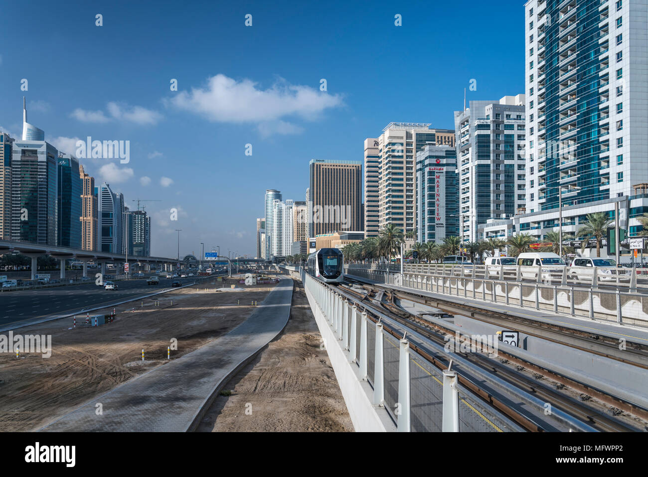 The Dubai Tram in the marina of Dubai, UAE, Middle East. Stock Photo