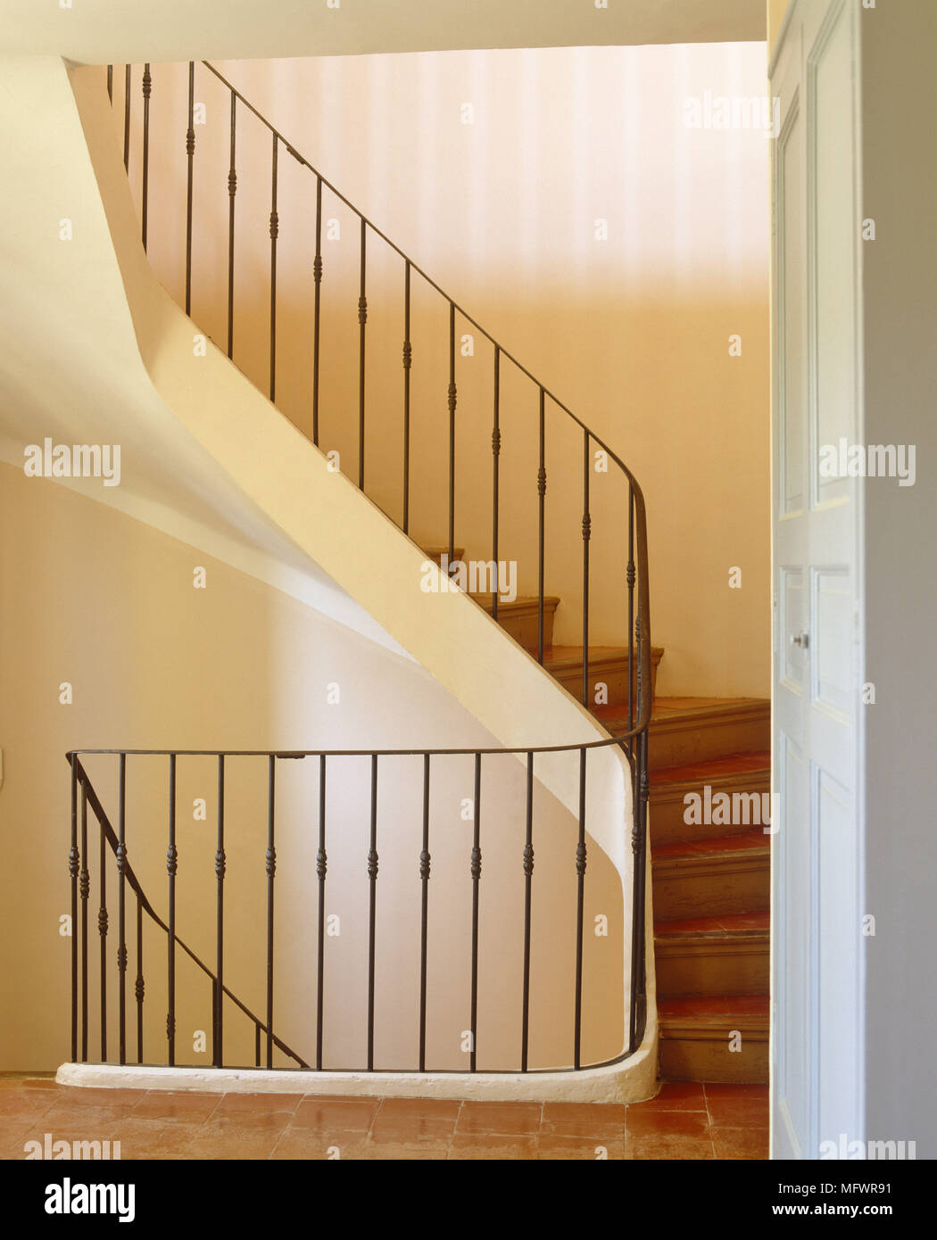 Simple Staircase With Wrought Iron Banister Stock Photo 181890605