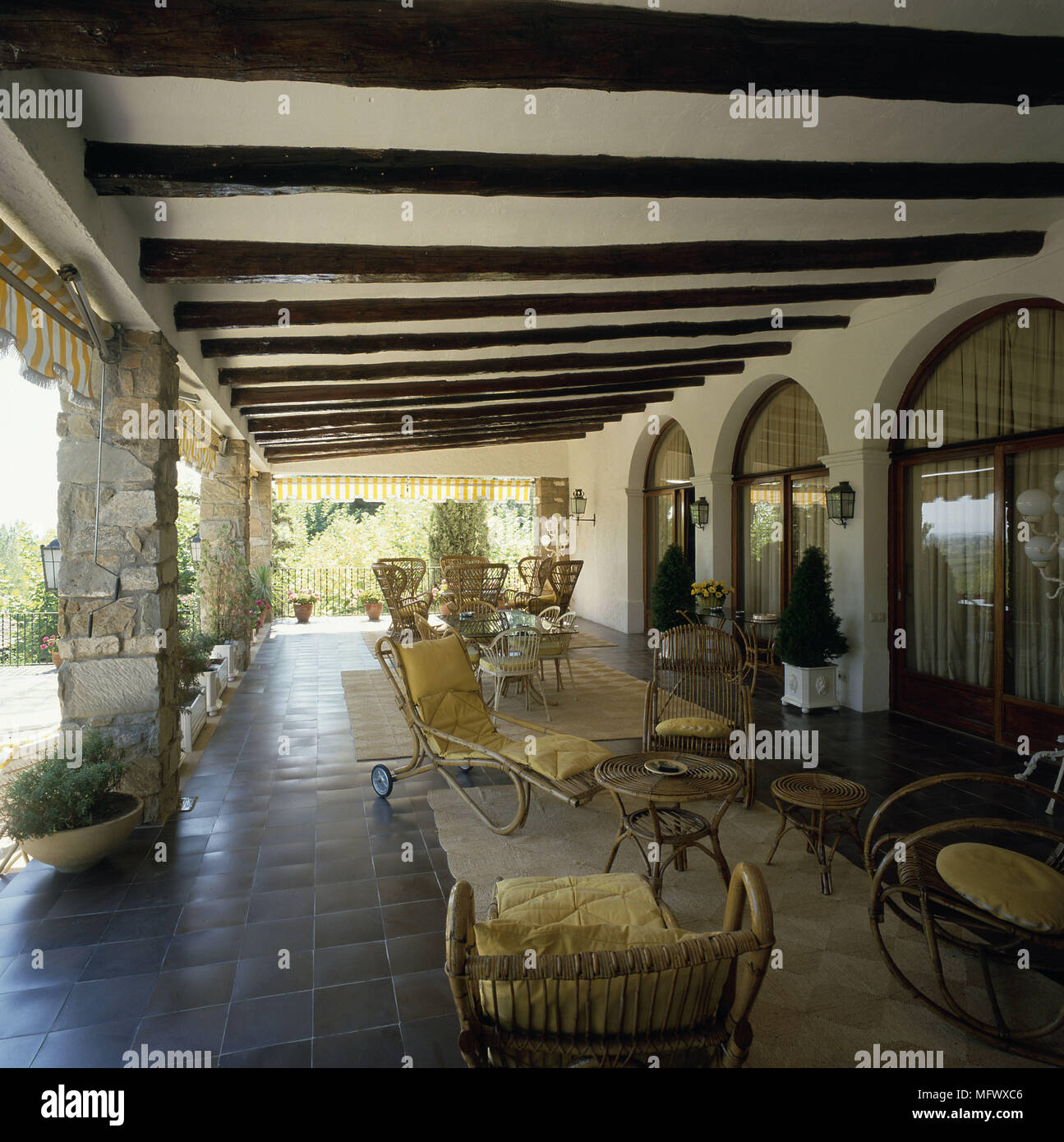 View of seating arrangement in a lanai Stock Photo