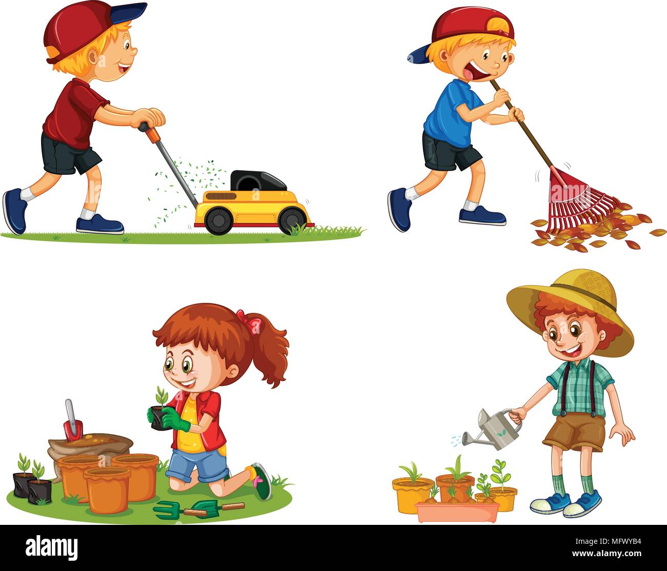 Boys and girl do different gardening works illustration Stock Vector