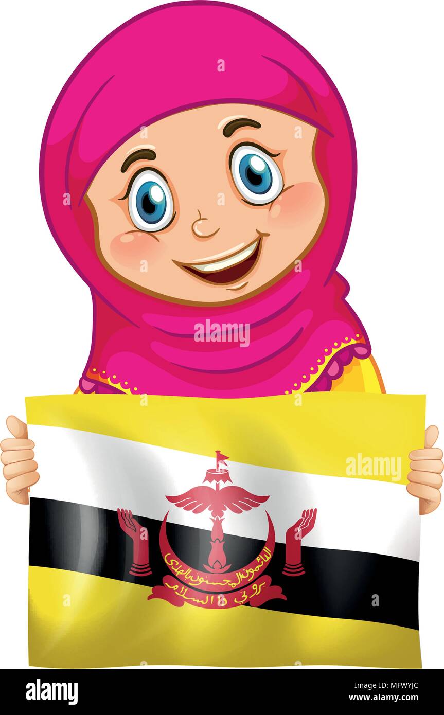 A Muslim Girl Holding Brunei Flag illustration Stock Vector