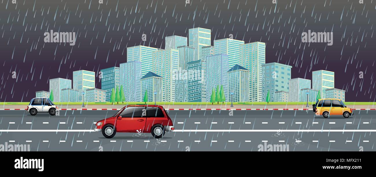 City scene in the rain at night illustration Stock Vector Image & Art ...