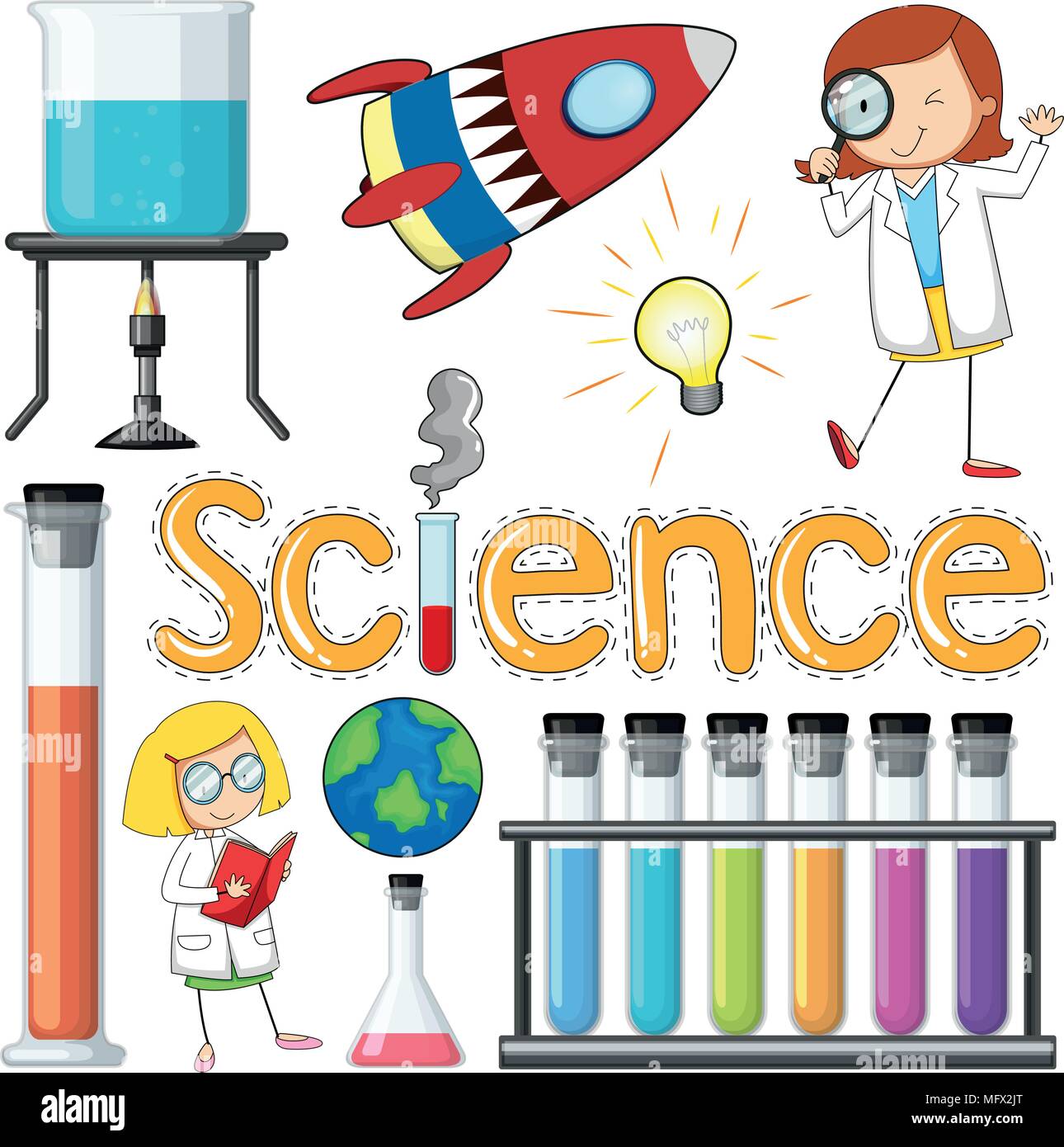 Scientist and Equipments Element on White Backround illustration Stock Vector