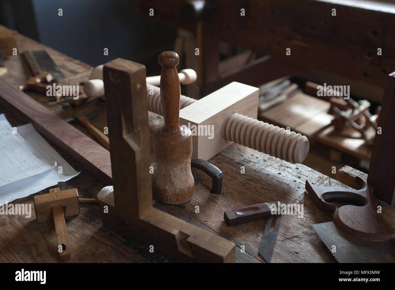 still life of authentic cabinet makers hand tools in his workshop in colonial Williamsburg Virginia Stock Photo