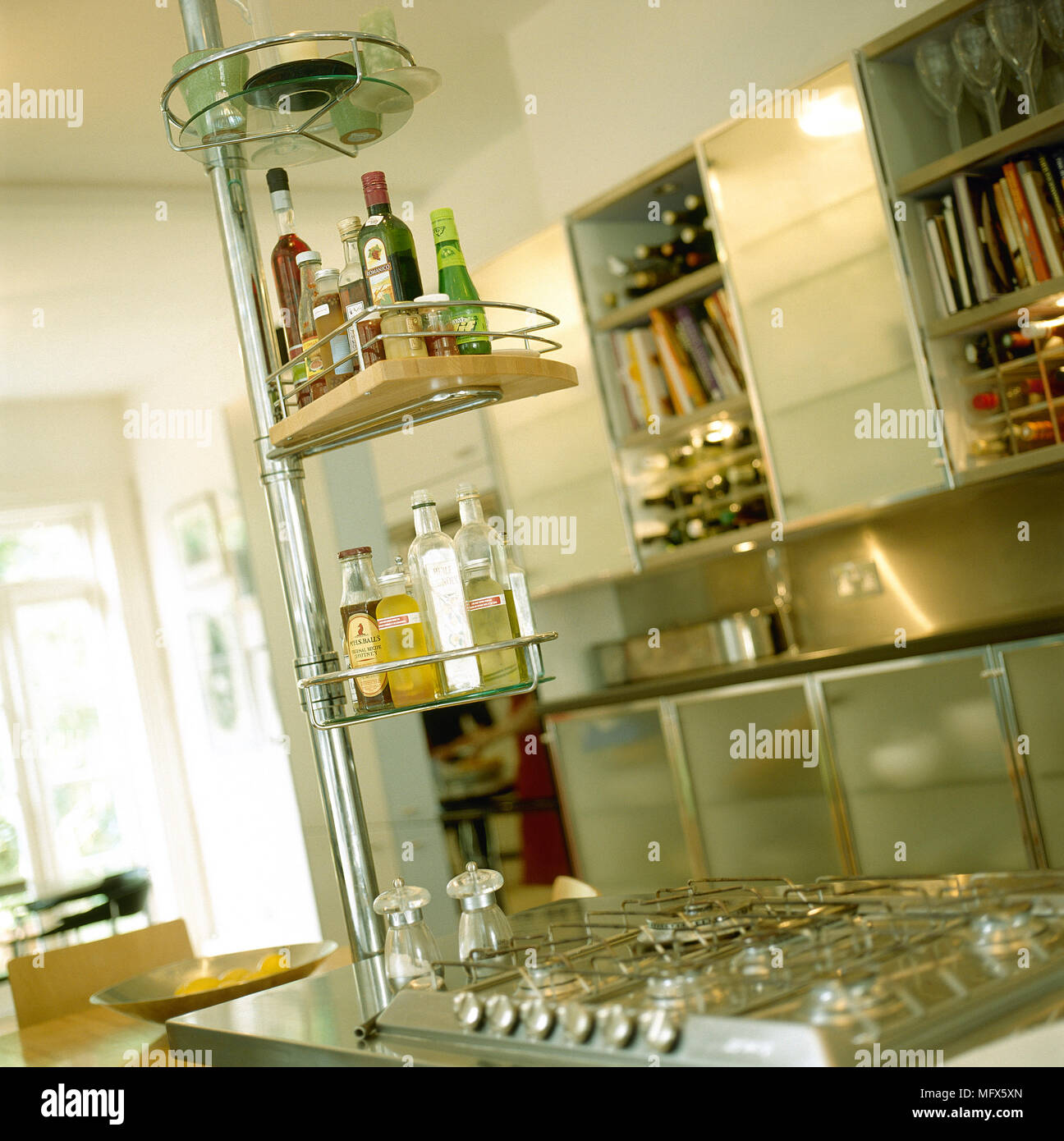 Modern Kitchen Detail With Stainless Steel Storage Shelves On A