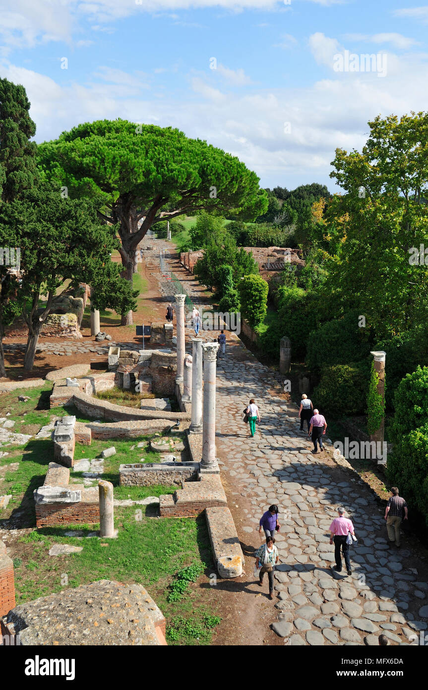 The Decumanus Maximus is the main avenue of Ostia Antica. At the mouth of the River Tiber, Ostia was Rome's seaport two thousand years ago. Italy Stock Photo