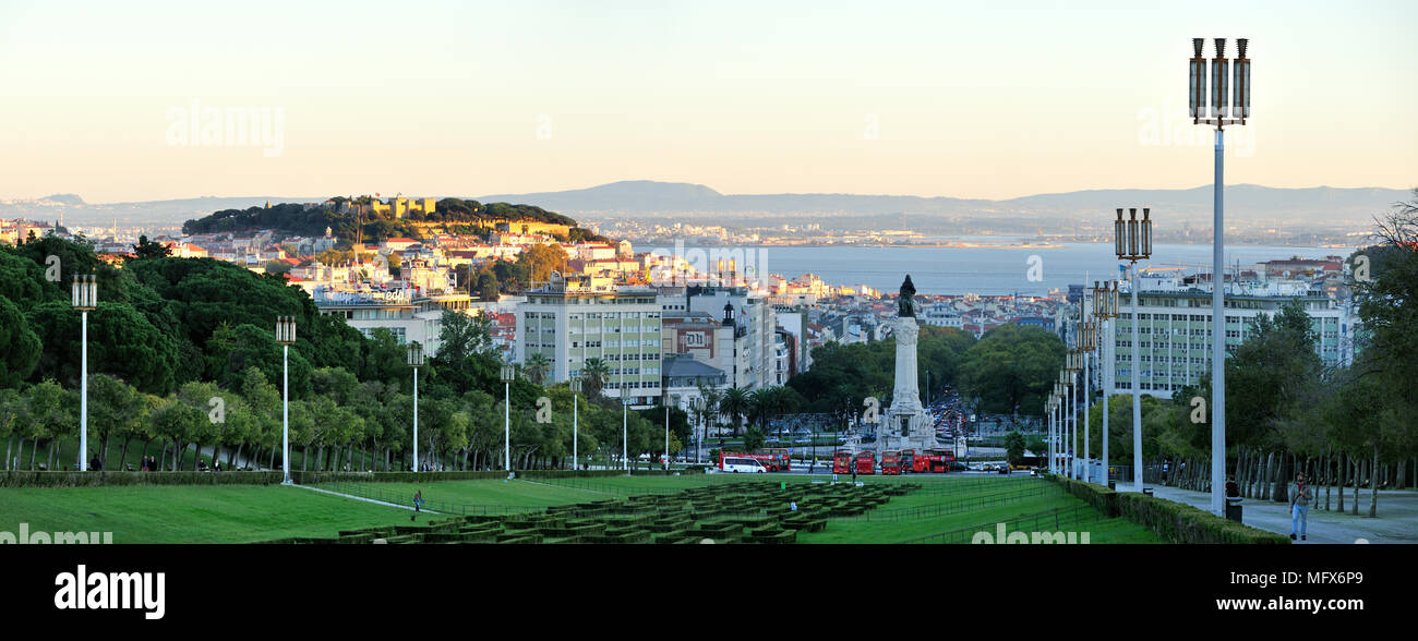 São Jorge castle on the top of the hill. Parque Eduardo VII, Lisbon. Portugal Stock Photo