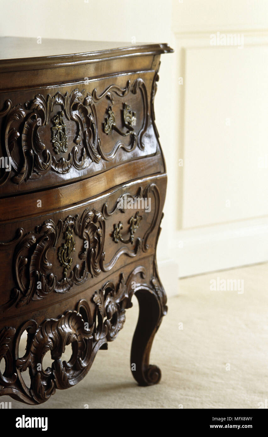 Close Up Of Wooden Chest Of Drawers With Ornately Carved