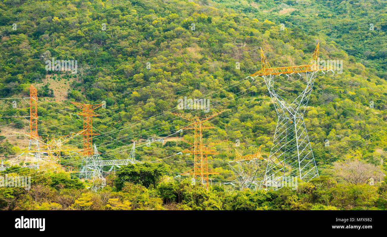 Powerlines on the hillside of the Chicoasen Dam, Chiapas Mexico Stock Photo