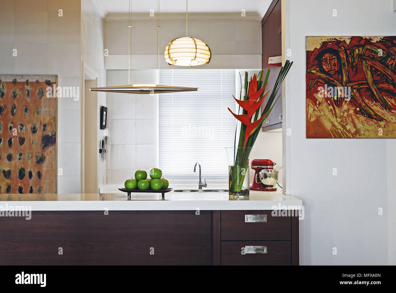 Bird of paradise flowers on modern kitchen unit Stock Photo