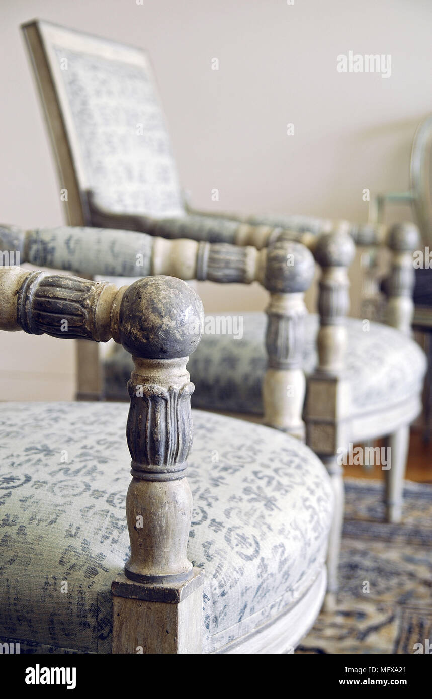 Pair of carved wooden chairs Stock Photo