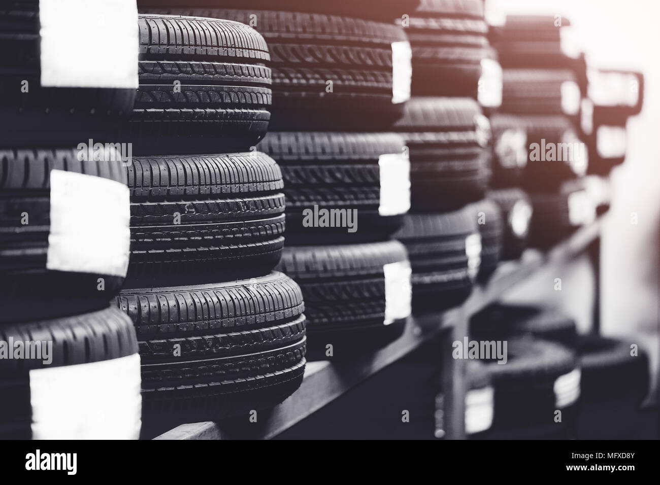 Tires for sale at a tire store.Black and white tone Stock Photo Alamy