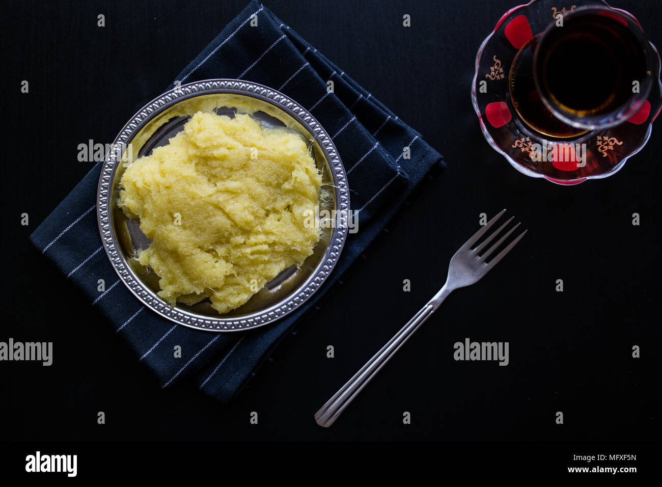 Turkish Cheese halva / Peynir Helvasi with Tea. (Turkish Traditional