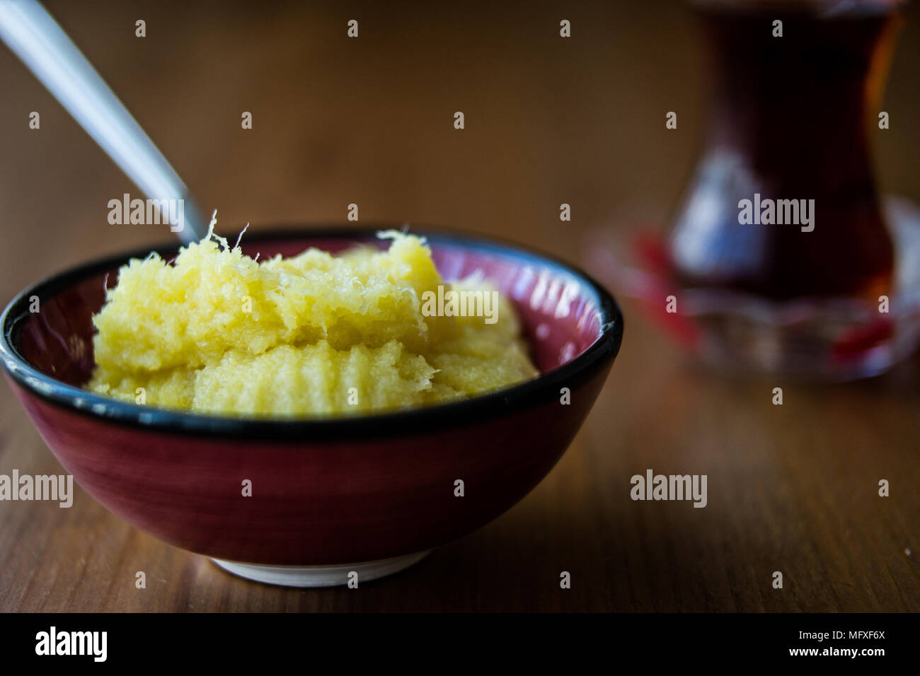 Turkish Cheese halva / Peynir Helvasi with Tea. (Turkish Traditional