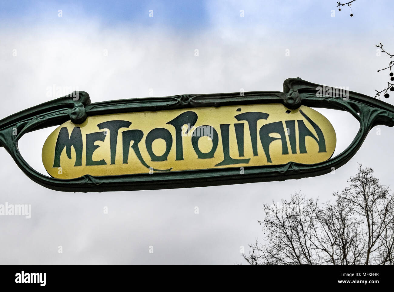 Paris Metro sign  Paris designed by Hector Guimard at Pigalle Metro Station,Paris Stock Photo