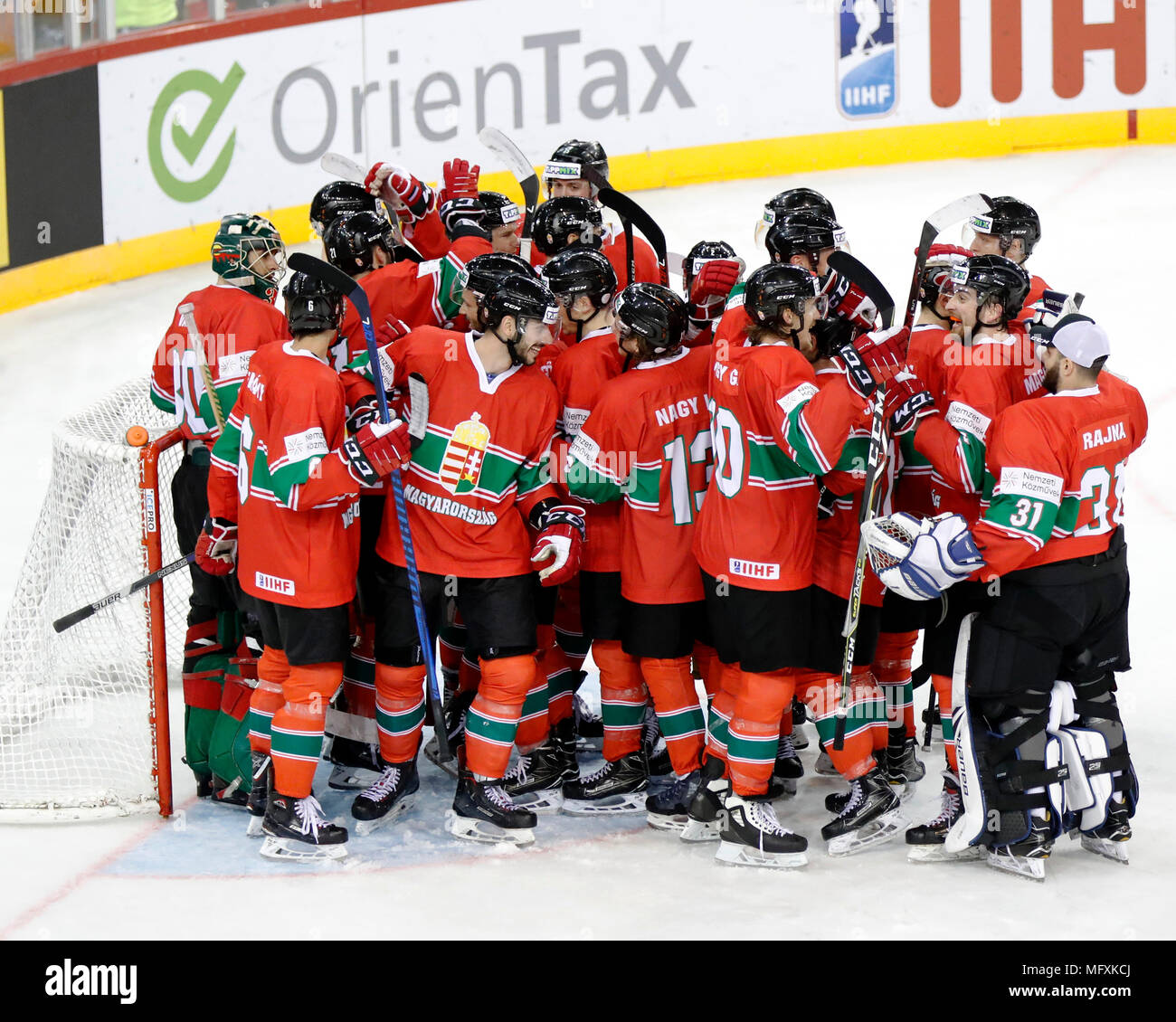 Budapest, Hungary. 26th April, 2018. Team of Hungary celebrates the victory over Poland during the 2018 IIHF Ice Hockey World Championship Division I Group A match between Poland and Hungary at Laszlo Papp Budapest Sports Arena on April 26, 2018 in Budapest, Hungary. Credit: Laszlo Szirtesi/Alamy Live News Stock Photo