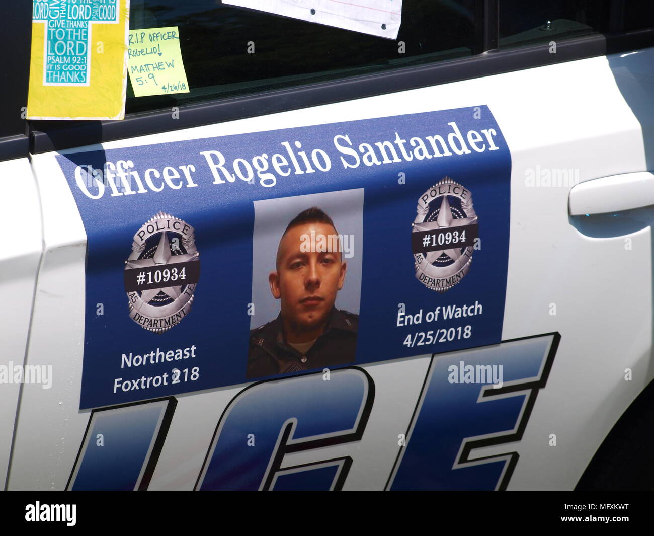 Dallas,USA,26 April 2018. Dallas patrolman, Regelio Santander, shot at a Home Depot on 24th April, died following surgery at Texas Health Presbyterian Hospital, Dallas. Officer Santander's partner was also shot as well as the store's loss prevention officer Funeral for Officer Santander will be Tuesday, 01 May in Rockwall, Texas.dallaspaparazzo/Alamy Live News Stock Photo