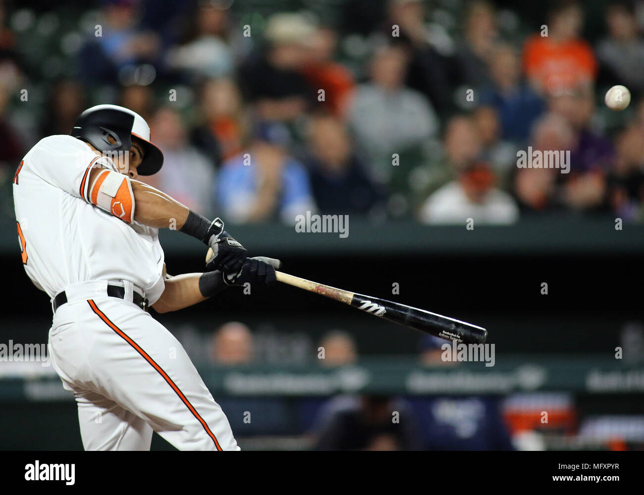Baltimore, Maryland, USA. 26th Apr, 2018. Baltimore Orioles right fielder Anthony Santander (25) in action during a match between the Baltimore Orioles and the Tampa Bay Rays at Camden Yards in Baltimore, Maryland. Daniel Kucin Jr./Cal Sport Media/Alamy Live News Stock Photo