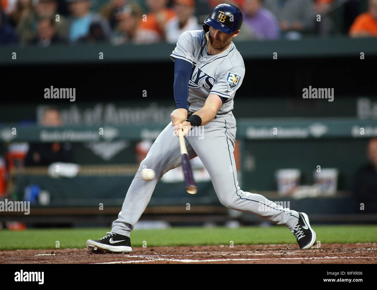 Baltimore, Maryland, USA. 26th Apr, 2018. Tampa Bay Rays first baseman C.J.  Cron (44) rounds the bases after he hit a homerun during a match between  the Baltimore Orioles and the Tampa