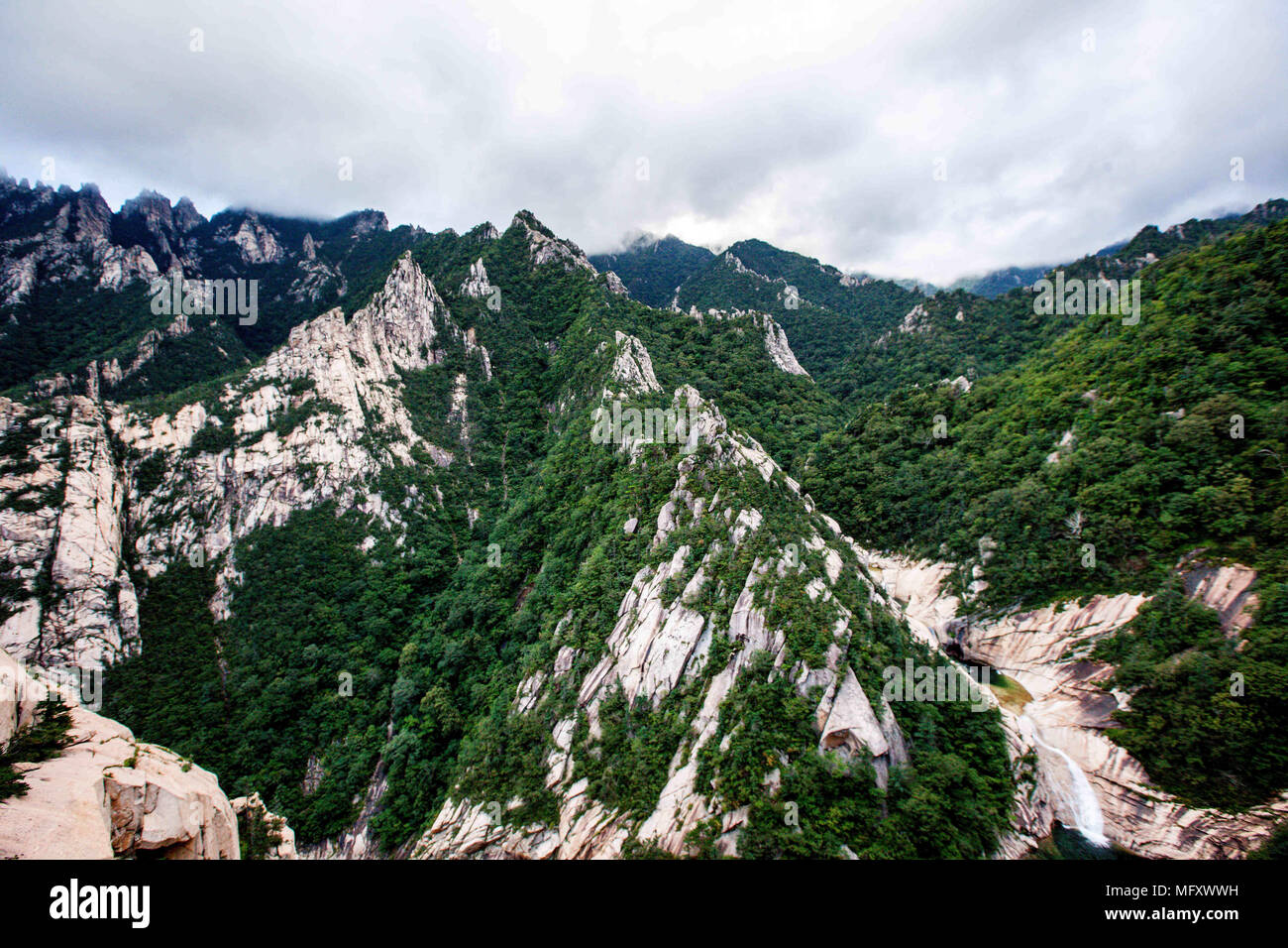 China. 27th Apr, 2018. Mount Kumgang, also known as the Kumgang Mountains, are a mountain/mountain range, with a 1,638-metre-high (5,374 ft) Birobong peak, in Kangwon-do, North Korea. It is about 50 kilometres (31 mi) from the South Korean city of Sokcho in Gangwon-do. It is one of the best-known mountains in North Korea. It is located on the east coast of the country, in Mount Kumgang Tourist Region, formerly part of KangwÃ…Ân Province. Mount Kumgang is part of the Taebaek mountain range which runs along the east of the Korean peninsula. Credit: SIPA Asia/ZUMA Wire/Alamy Live News Stock Photo