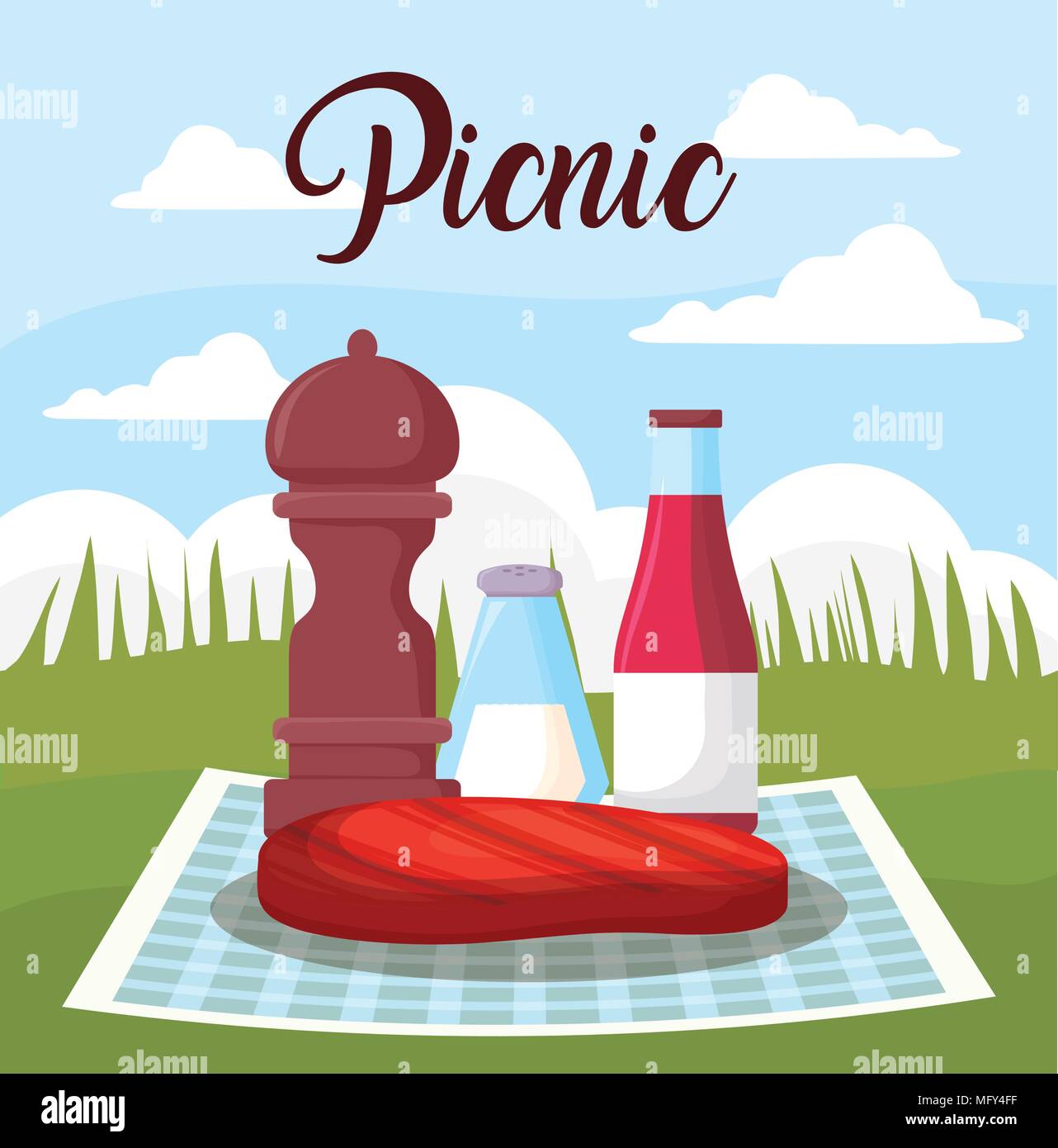 picnic landscape concept with steak of meat and sauce bottles, colorful design. vector illustration Stock Vector