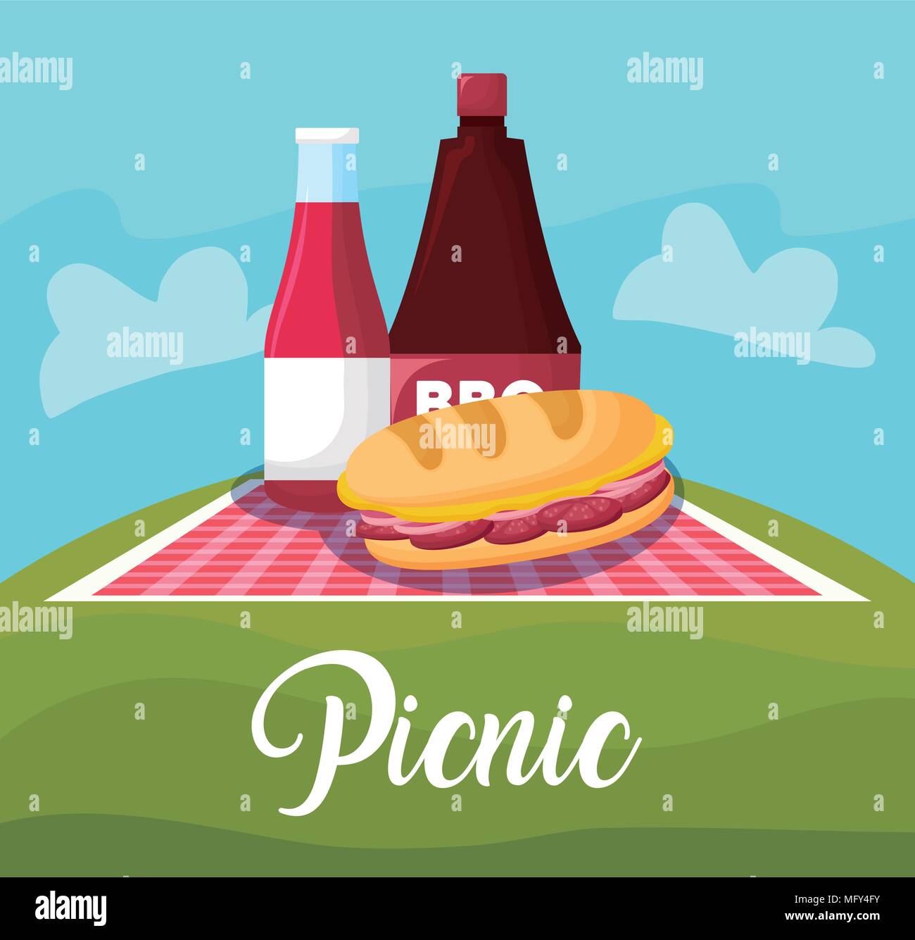 picnic landscape concept with sandwich and sauce bottles, colorful design. vector illustration Stock Vector