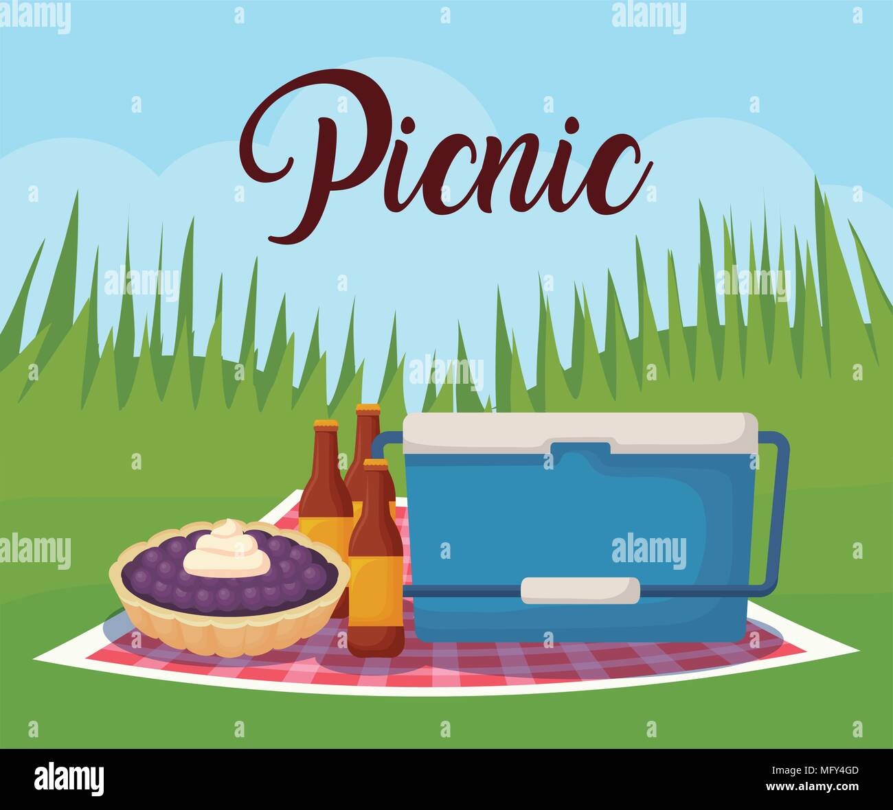 picnic landscape concept with cooler and beer bottles, colorful design. vector illustration Stock Vector