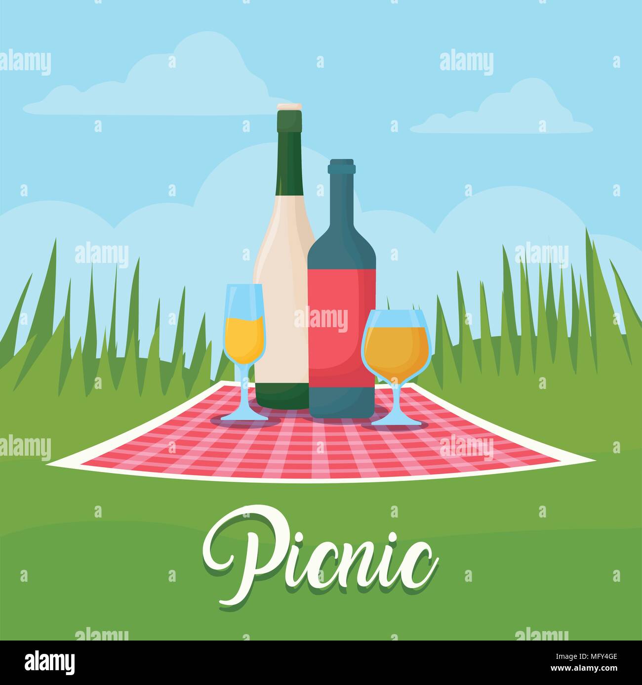 picnic landscape concept with wine and champagne bottles , colorful design. vector illustration Stock Vector
