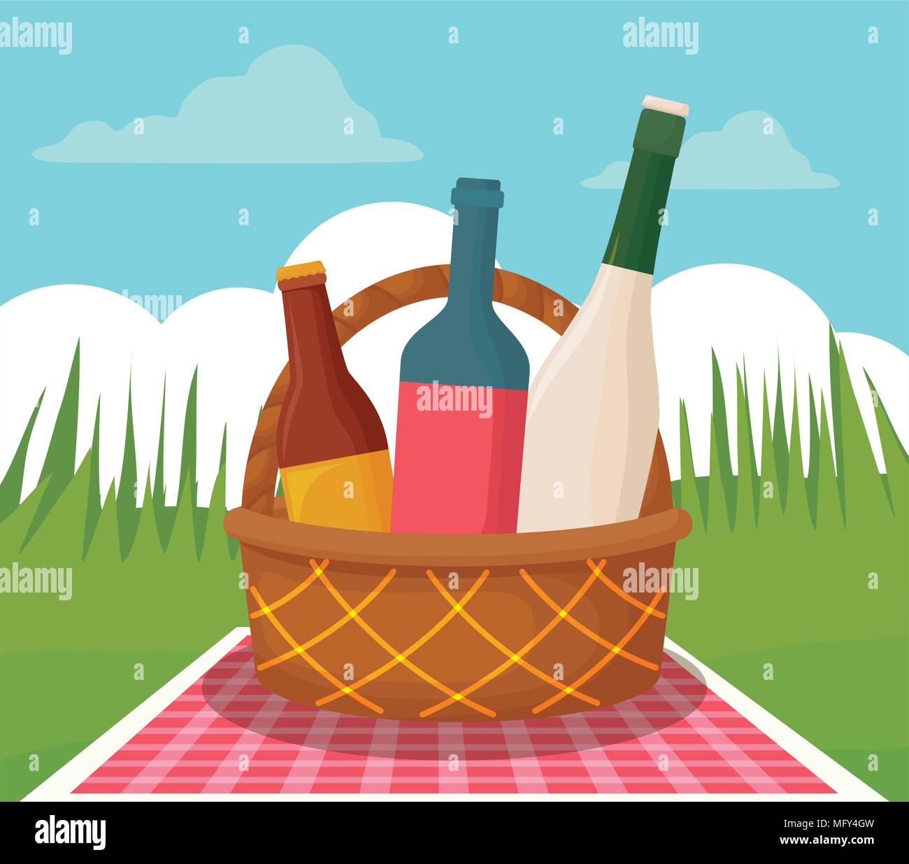 basket with bottles over landscape background, picnic concept, vector illustration Stock Vector